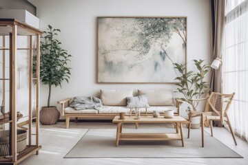 Wabi sabi living room interior watercolor artwork on white backdrop. Generative AI