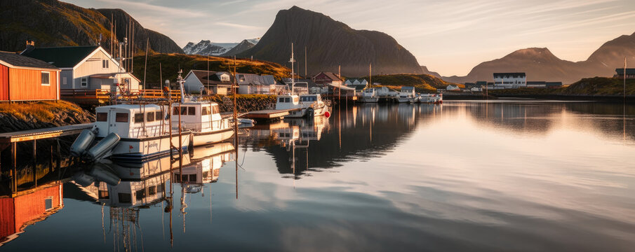 Sunrise over the water at Lofoten, Norway. little harbor - Generative AI