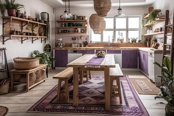 White and purple wooden rural kitchen. Carpet, dining table, appliances. Scandinavian bohemian decor. Plan, top,. Generative AI