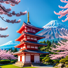 Obraz premium Pagode and Mount with cherry blossom tree during spring season. Generative AI