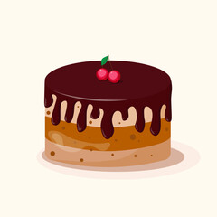 Birthday Cake. Chocolate cake with cherry. Isolated on a white background. Vector illustration in flat style.