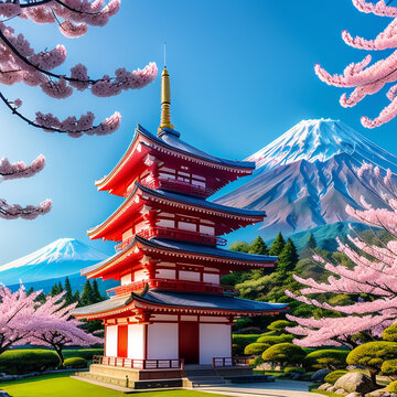 Pagode and Mount with cherry blossom tree during spring season. Generative AI