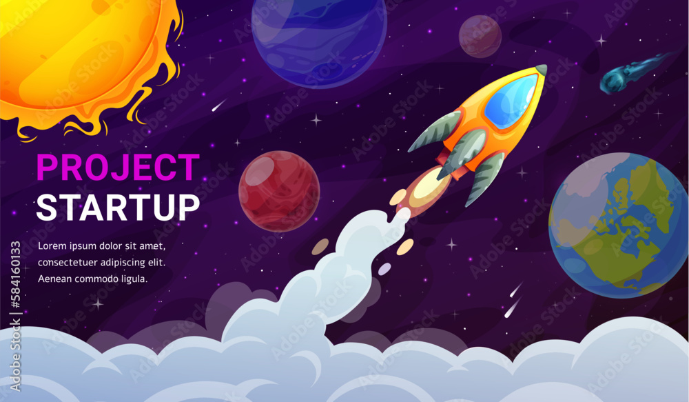 Poster startup project, fast start. landing page space. cartoon rocket launch, and space solar system plane