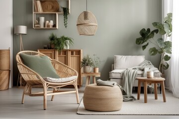 Rattan armchair, plaid, cushion, coffee table, cubes, and stylish accessories in minimalist house décor. Eucalyptus themed home décor. Design living room. Generative AI