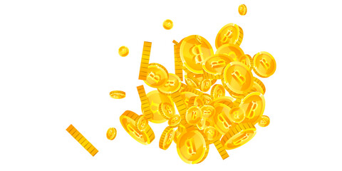 Thai baht coins falling. Gold scattered THB coins. Thailand money. Great business success concept. Wide vector illustration.