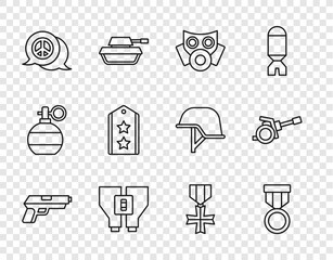 Set line Pistol or gun, Military reward medal, Gas mask, Binoculars, Peace, rank, and Howitzer icon. Vector