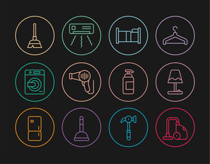 Set line Vacuum cleaner, Table lamp, Bed, Hair dryer, Washer, Handle broom, Antibacterial soap and Air conditioner icon. Vector
