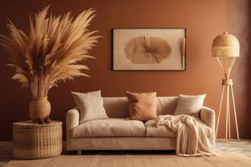 Illustration of warm toned living room interior wall mockup with beige linen sofa, dried Pampas grass, woven basket lamp, and boho style decoration on empty wall background. Generative AI