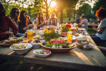 Young and happy people having festive lunch at the beautifully decorated table with healthy food in the garden