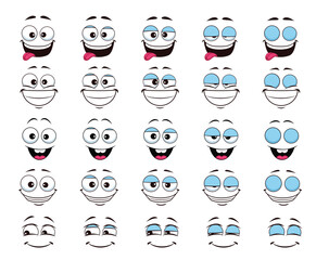 Cartoon face and blink laugh giggle eye animation. Vector happy smiling character facial expression animated sprite sheet. Funny personage with sticking tongue and open mouth express positive emotions