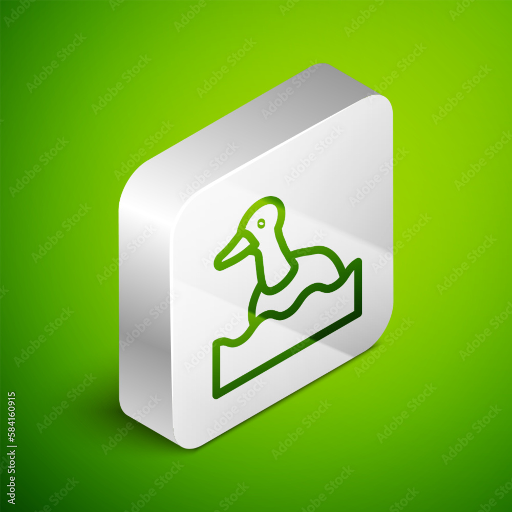 Poster isometric line flying duck icon isolated on green background. silver square button. vector