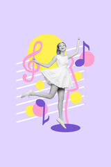 Vertical collage image of excited black white colors girl jumping enjoy dancing music isolated on painted background