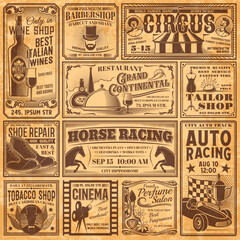 Naklejka na ściany i meble Vintage newspaper banners, old advertising. Vector retro ads posters with services barbershop, shoe repair, perfume salon, wine, tobacco and tailor shops. Circus, restaurant, horse and auto racing