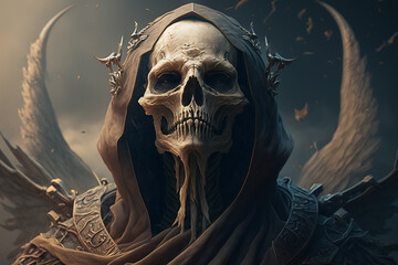 Portrait of an angel of death, a hooded skeleton with wings. Dark fantasy gothic generative ai illustration