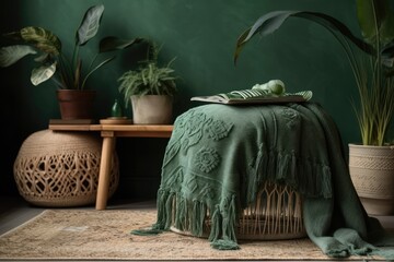 Green living room stool with blanket and cushion, plant, and rattan bag. Real picture. Generative AI