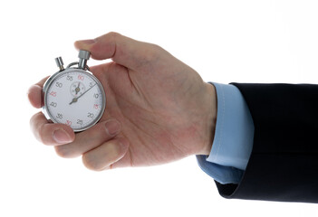 Businessman hand holding stopwatch on white background