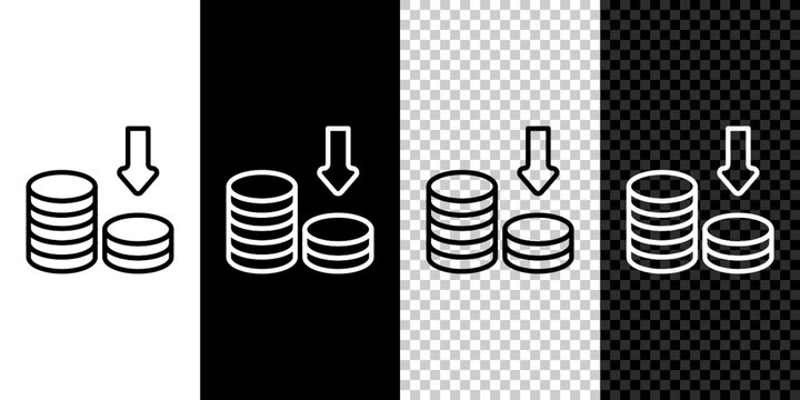 Set line Dollar rate decrease icon isolated on black and white, transparent background. Cost reduction. Money symbol with down arrow. Business lost crisis decrease. Vector