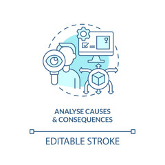Analyse causes and consequences turquoise concept icon. Disruption action plan abstract idea thin line illustration. Isolated outline drawing. Editable stroke. Arial, Myriad Pro-Bold fonts used