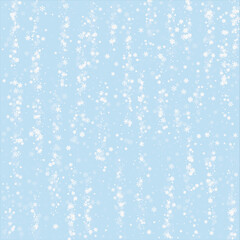Beautiful snowfall christmas background. Subtle flying snow flakes and stars on light blue winter backdrop. Beautiful snowfall overlay template. Square vector illustration.
