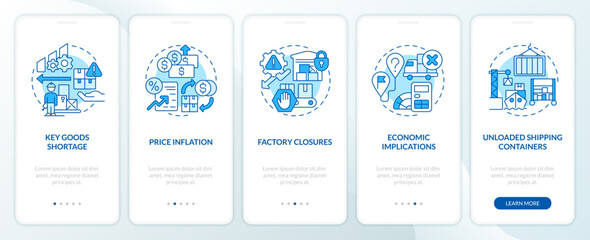 Supply chain disruption issues blue onboarding mobile app screen. Walkthrough 3 steps editable graphic instructions with linear concepts. UI, UX, GUI template. Myriad Pro-Bold, Regular fonts used