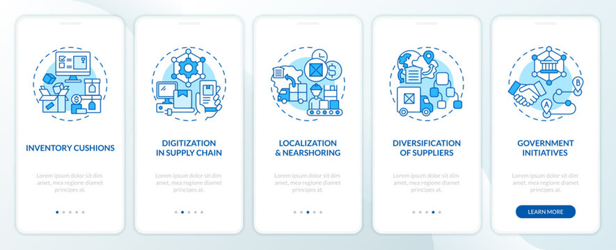 Disruption action plan blue onboarding mobile app screen. Supply chain walkthrough 4 steps editable graphic instructions with linear concepts. UI, UX, GUI template. Myriad Pro-Bold, Regular fonts used