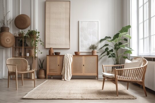 mock up horizontal frame in scandi boho living room with white armchair and wooden furnishings. Generative AI