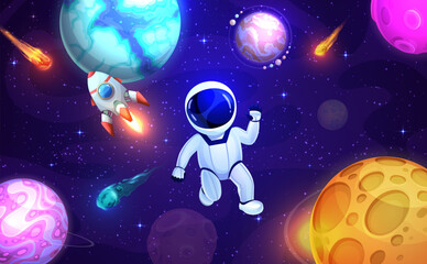 Obraz na płótnie Canvas Cartoon astronaut in outer space, planets, stars and rocket spaceship. Space discovery, astronomy research vector backdrop with astronaut character in weightiness, alien planets, comet and asteroid