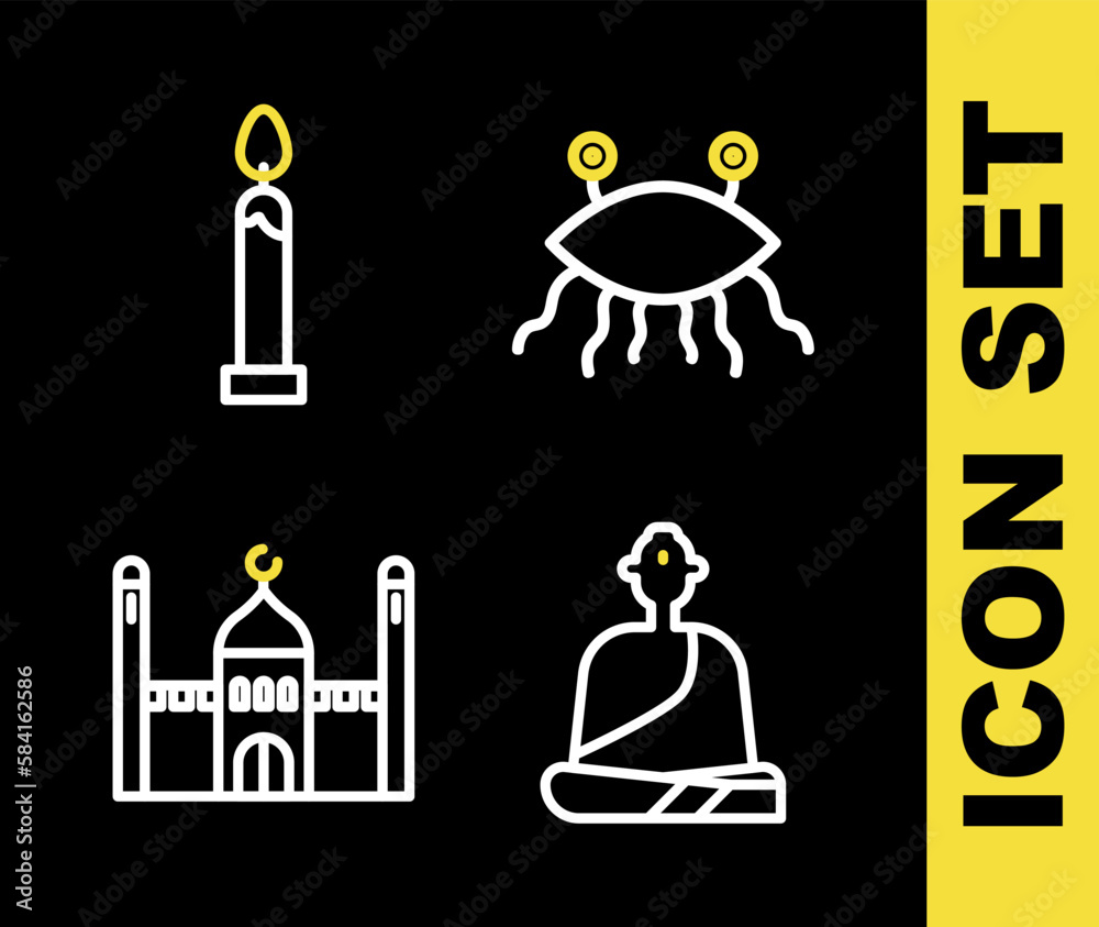 Poster set line pastafarianism, buddhist monk, muslim mosque and burning candle icon. vector