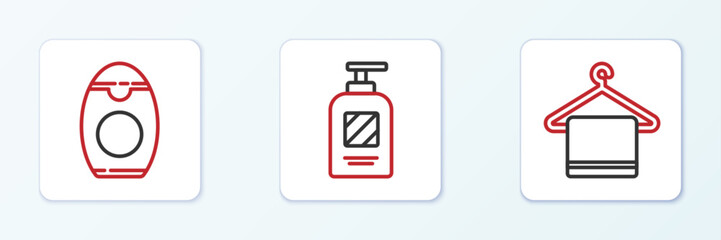 Set line Towel on a hanger, Bottle of shampoo and icon. Vector