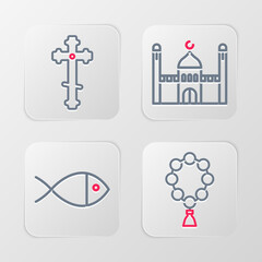 Set line Rosary beads religion, Christian fish, Muslim Mosque and cross icon. Vector