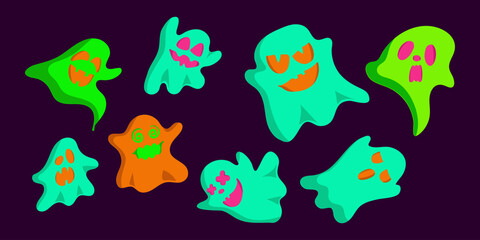 Naklejka na ściany i meble Set of cloth Ghosts. Flying Phantoms. Halloween scary ghostly monsters. Cute cartoon spooky characters. Holiday Silhouettes. Hand drawn trendy Vector illustration. All elements are isolated.