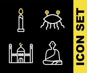 Set line Pastafarianism, Buddhist monk, Muslim Mosque and Burning candle icon. Vector