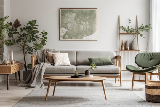 Minimalist living room with gray couch, wooden coffee table, sculpture, plaid, imitation poster frame, purse, and stylish accessories. Interior design. Template Usable. Generative AI