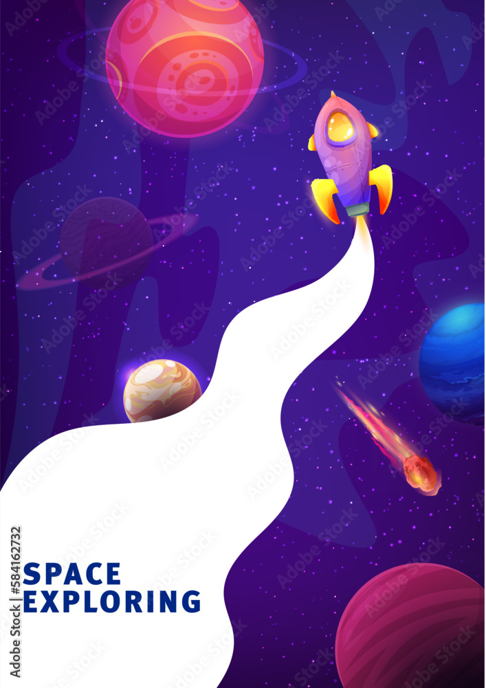 Poster Rocket launch in galaxy space for landing page website, vector background. Space exploring for business startup website template or landing page layout with rocket spaceship and galactic planets