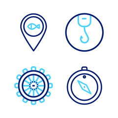 Set line Compass, Ship steering wheel, Fishing hook and Location fishing icon. Vector