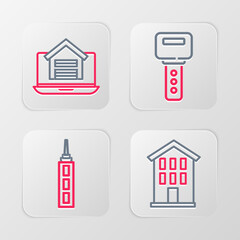 Set line House, Skyscraper, key and Online real estate house icon. Vector