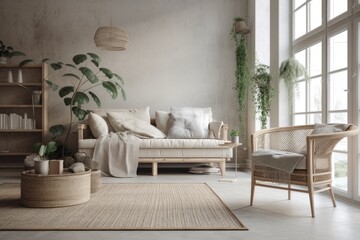 Beautiful scandinavian living room with sofa. Green houseplant. Trendy beige couch and wicker rattan armchair in white wabi sabi loft. Generative AI