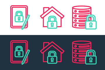 Set line Server security with lock, Tablet closed padlock and House under protection icon. Vector