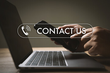 CONTACT US (Customer Support Hotline people CONNECT ) phone application blue background.