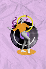 Collage 3d image of pinup pop retro sketch of vinyl recorder have fun disco party elegant graceful listen music weekend cheerful energetic