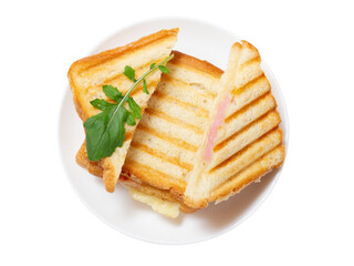 Homemade grilled cheese sandwiches for breakfast on white plate.