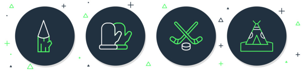 Set line Christmas mitten, Ice hockey sticks and puck, Wooden log and Indian teepee or wigwam icon. Vector © vector_v