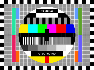 TV signal test screen, retro television color test of broadcast pattern, vector old video background. TV end display with screen test grid, picture quality and television color calibration diagram - obrazy, fototapety, plakaty