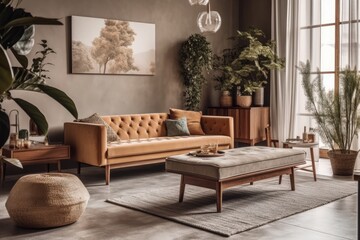 Obraz premium Design beige couch, glass coffee table, plants, and attractive personal items in living room decor. Comfortable flat. Decor. Generative AI