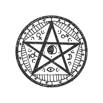Esoteric and astrology mystic sign with moon, witchcraft sacred sign. Vector ritual circle with pentagram star, tribal occultism, rune and chakra symbol