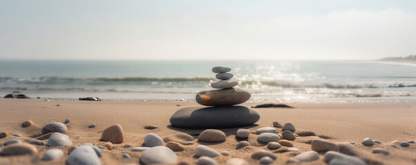 Picture of Zen with a pile of pebbles on a sandbar towards the water. Concept of a beautiful, serene sunrise with a cairn - Generative AI
