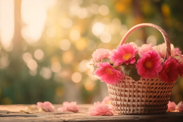 Fototapeta na wymiar Pink flowers in a basket on a wooden with bokeh background in a vintage retro style, with the sunrise, for the day of love, with copy space.