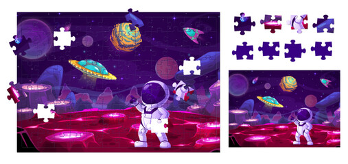 Space and astronaut on planet, jigsaw puzzle game pieces, vector galaxy grid background. Spaceman on planet with UFO, starships and spaceship rockets, kids puzzle jigsaw pieces or game worksheet