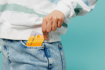 Close up cropped woman wears striped hoody denim pants hold in hand put into pocket mock up of...