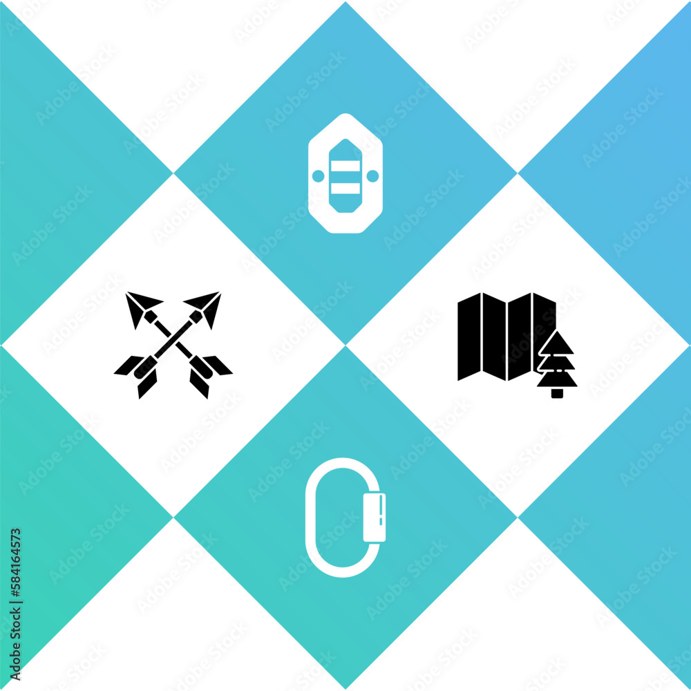 Wall mural set crossed arrows, carabiner, rafting boat and location of the forest icon. vector